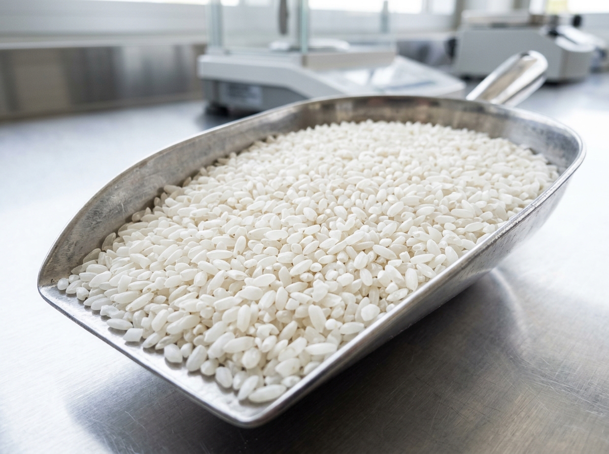 Polished broken rice kernels inspected in stainless steel sampling scoop