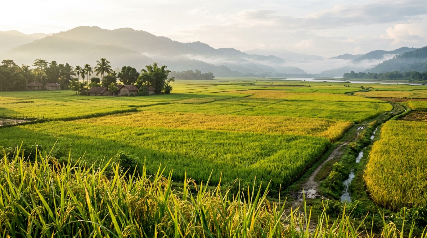Lush green and golden ripe paddy fields in Goalpara Assam with Brahmaputra valley hills