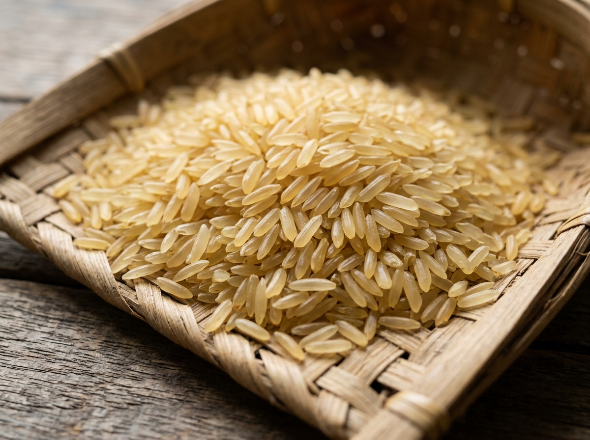 Clean golden parboiled rice grains in an Assamese bamboo kula