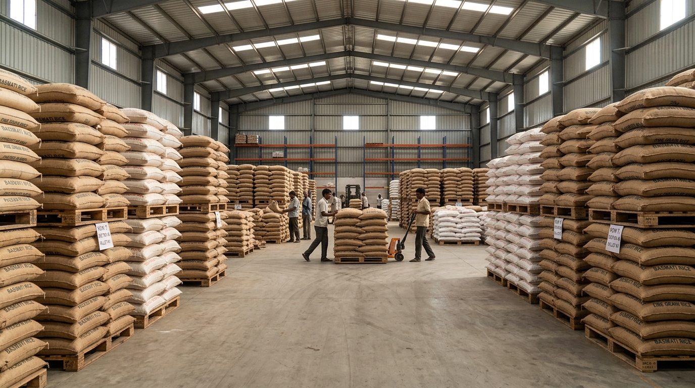 Organized wholesale rice sacks stacked in warehouse staging bay
